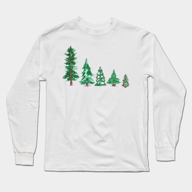 Watercolor Pine Winter Forest Long Sleeve T-Shirt by Neginmf